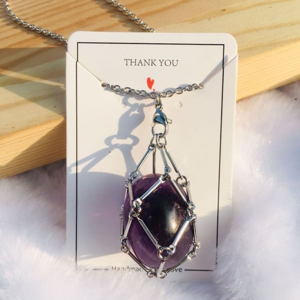 Crystal Holder Cage Necklace Crystal Net Metal Halsband SILVER Silver Amethyst-Amethyst