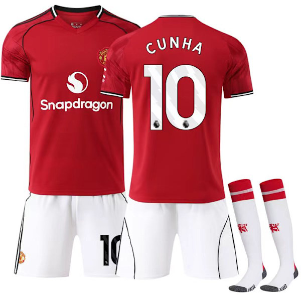2025-2026 Manchester United Hemma Barn Fotbollströja Kit No.10 Matheus Cunha (nr 10 tryckt) Adult S