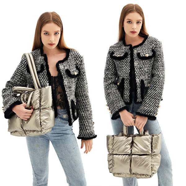 Puffer Bag Quiltet Tote Bag for Dame Down Polstring Handbag Silver
