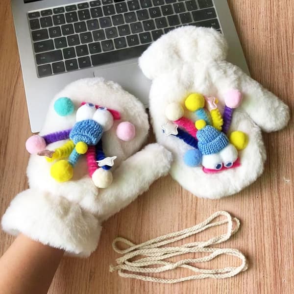 1 par fluffhandskar Vintervarma handskar HANDSKAR & VIT ROPE Gloves & White Rope