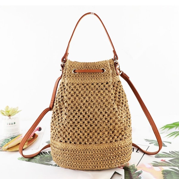 Kvinder Stor Kapacitet Straw Bucket Bag Sommer BEIGE beige