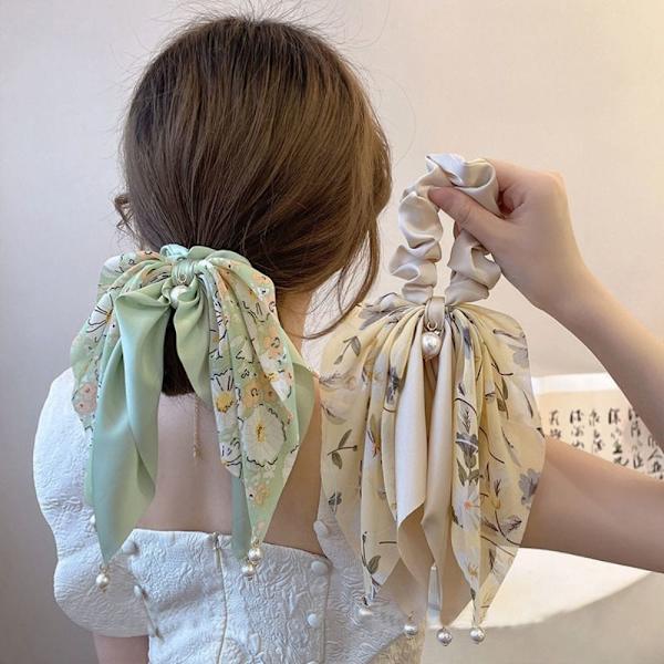 2kpl kukkainen Bowknot Scrunchies Silkkihuivi Hiusnauhat APRICOT Apricot