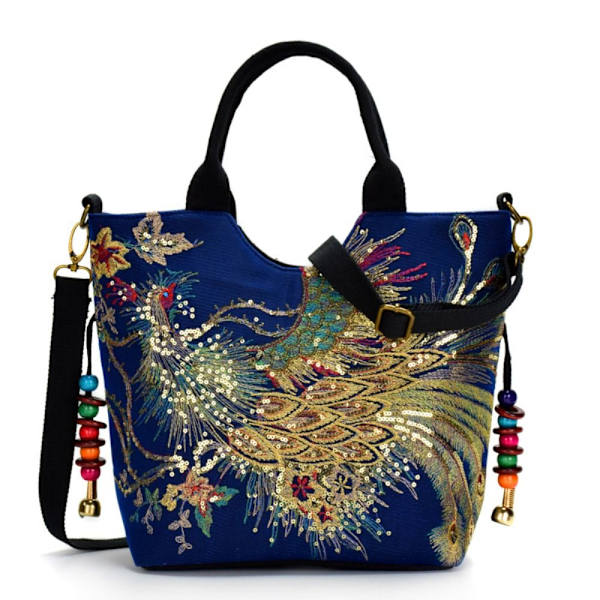 Peacock Broderet Tote Bag Canvas Håndtaske BLÅ NORMAL VERSION blue normal version-normal version
