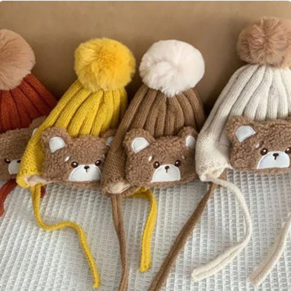 Stor Pompom Baby Vinter Varm Hat Cartoon Bear Tjockt öra Beige