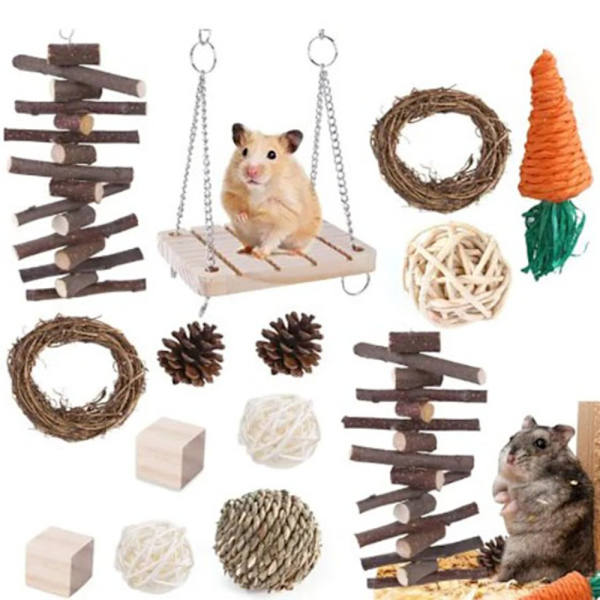 Hamster Tuggleksaker Set Naturträ Rottingboll Tillbehör 13pcs