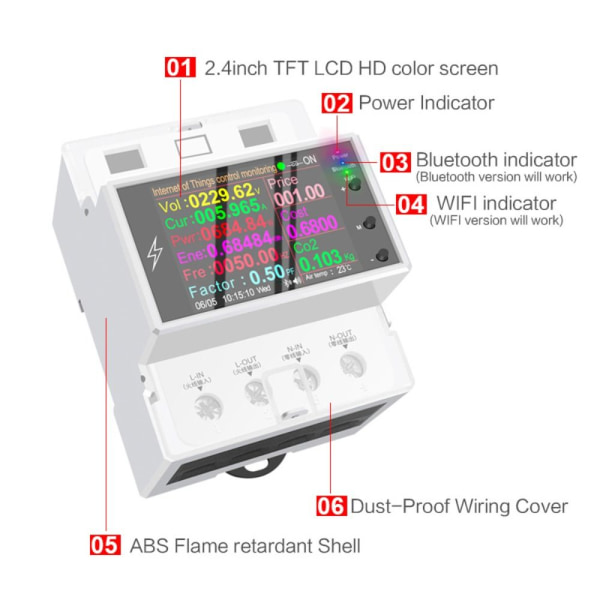 Elektrisk energimåler AT4PW Smart Switch WIFI Rail Meter 100A