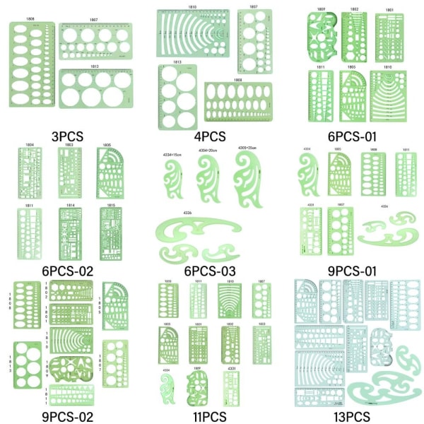 3/4/6/9/11/13 STK Tegningsmalsett Teknisk arkitektonisk 3PCS