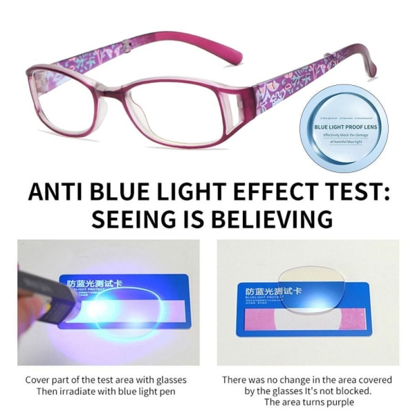 Anti-blått ljus Läsglasögon Fyrkantiga glasögon LILA Purple Strength 400