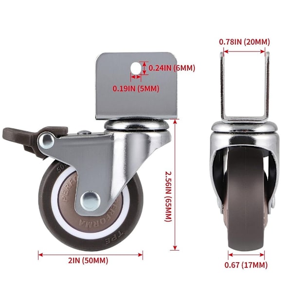 4 stk. Svingbart hjul 2" bremsehjul med 3/4" U-brakett