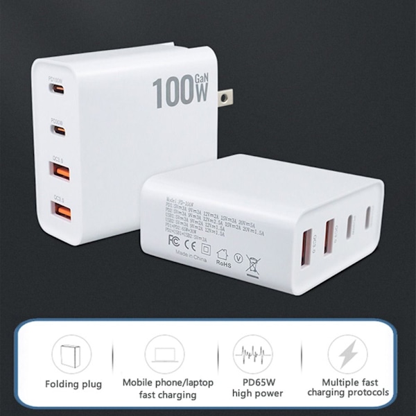 100W GaN Laddare Adapter Dual Typ C QC3.0 USB-A EU-PLUGG