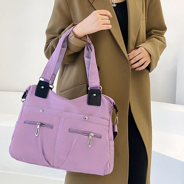Stor kapacitet Skuldertaske Vandtæt Multi Pocket Kvinder Tote Nylon taske Purple