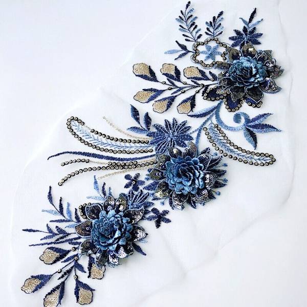 Mesh Broderi Blomma Spets Patch Paljett Broderad Patch CC C