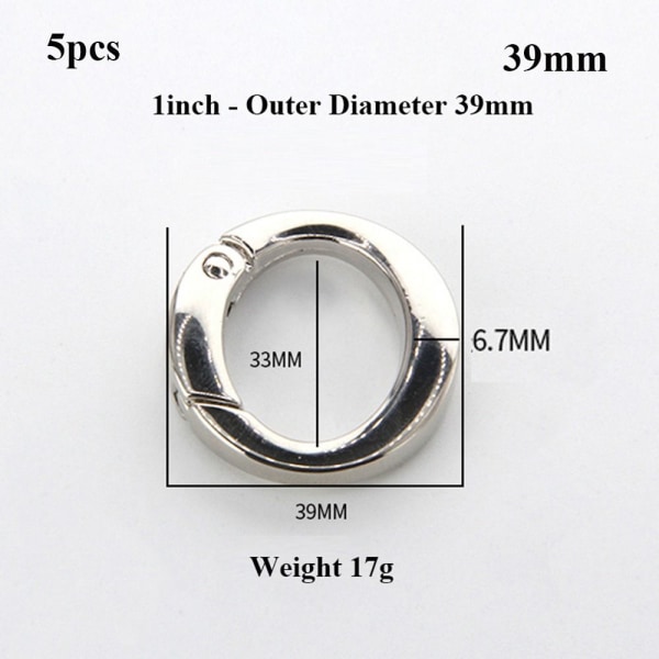 5 stk Fjær O-ringspenner Karabiner vesker Håndvesker SØLV 39MM Silver 39mm