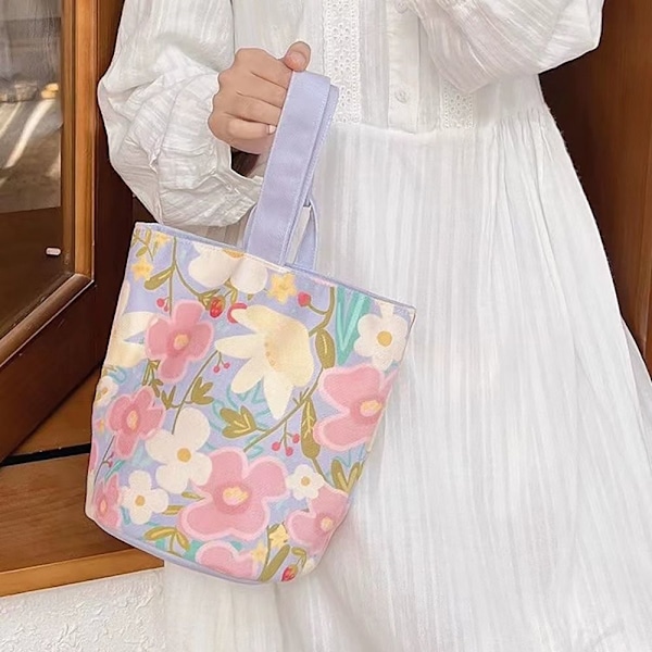 Lovely Flowers Bucket Bag Canvas Printet Håndtaske A A A