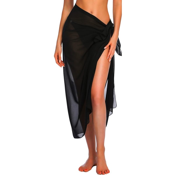 Lång Sarong Cover Up för Kvinnor Chiffon Strandomslag SVART black