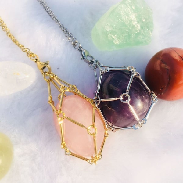 Crystal Holder Cage Necklace Crystal Net Metal Halsband SILVER Silver Amethyst-Amethyst