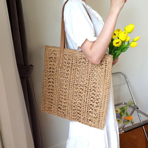 Straw Beach Bag Handgjord vävd GRÅ grey