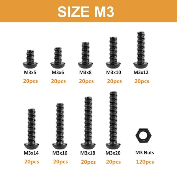 300 stk metriske skruer Sortiment M3 skrue sekskantet knaphoved fatning