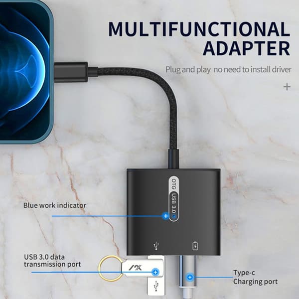 Type-C OTG-sovitin USB 3.0 -jakaja MUSTA Black