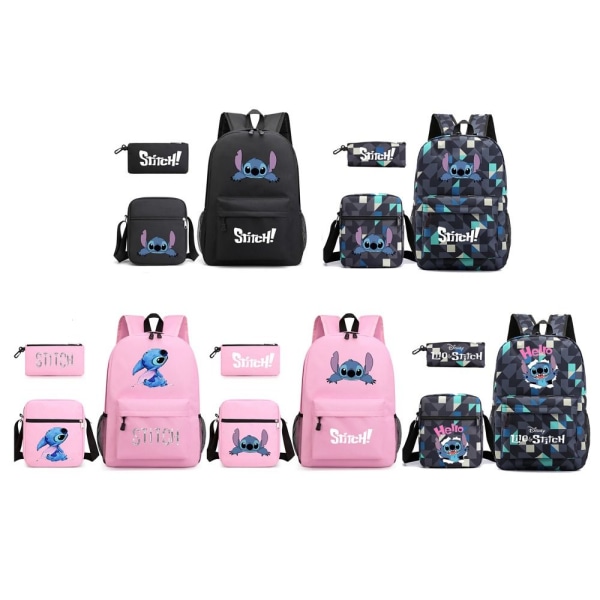 3-delt Set Stitch Ryggsekk Skulderryggsekk Canvas SORT C C BLACK C