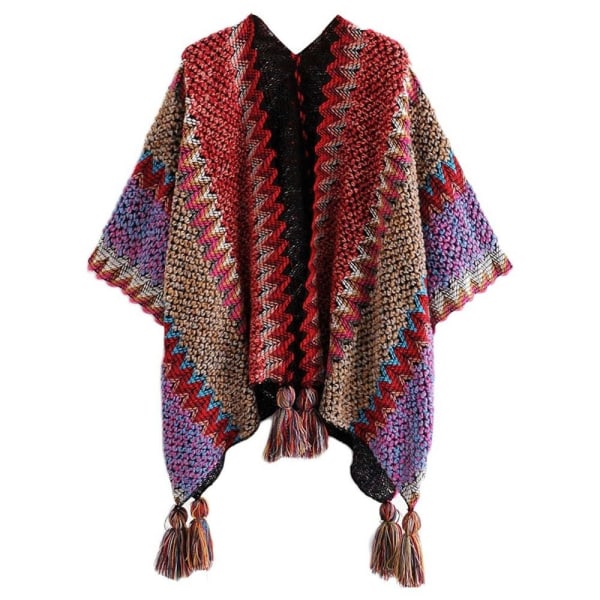 Mongolian Poncho Cardigan Tassel Shawl RED red