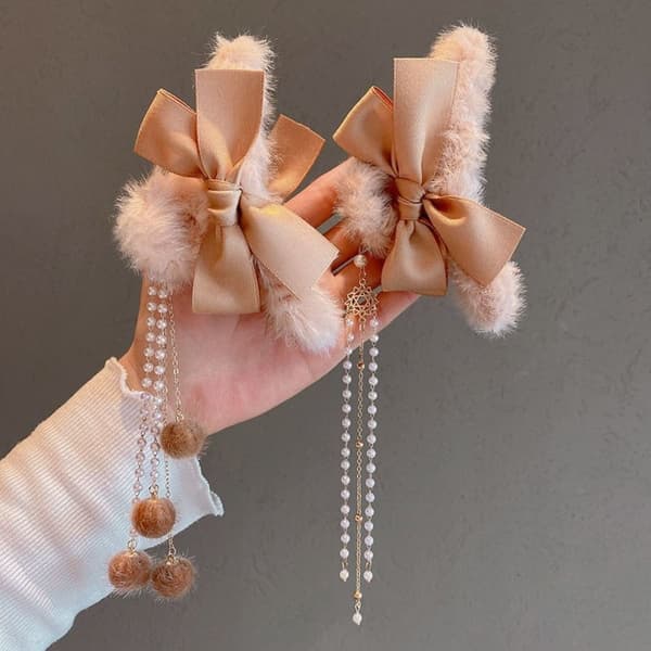 2 stk Bowknot Hair Claw Pearl Tassel Hårnåle KAFFE E E Coffee E-E