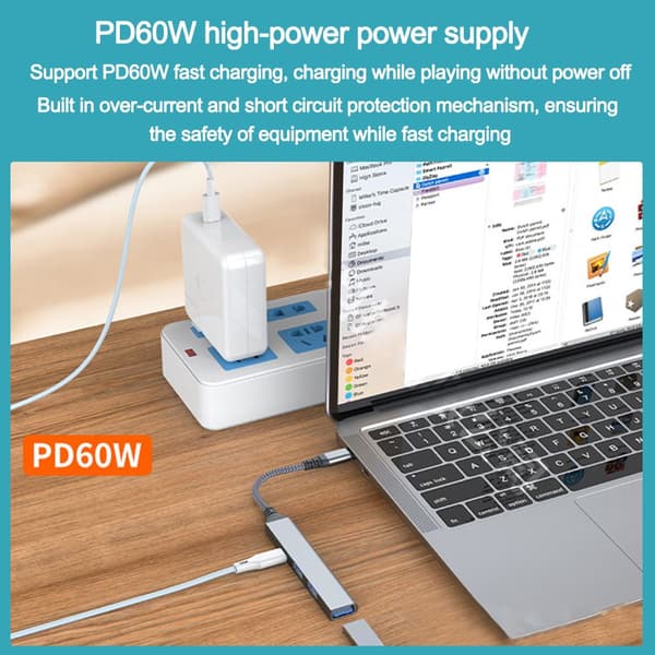 4 Portar Typ-C HUB USB 3.0 Expander Splitter PD 60W silver