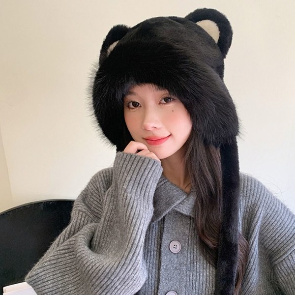 Faux Fur Beanies Hattu Kissa Korva Neulottu Cap MUSTA black