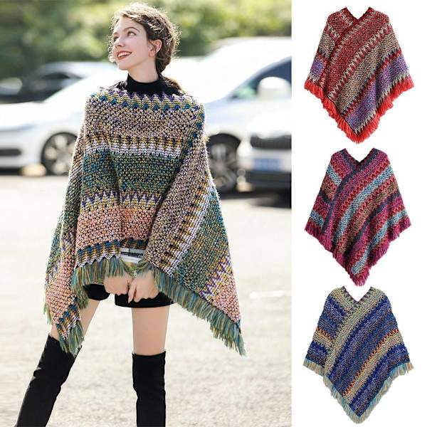 Mongolsk Poncho Pullover Kvast Sjal GRÅ grey