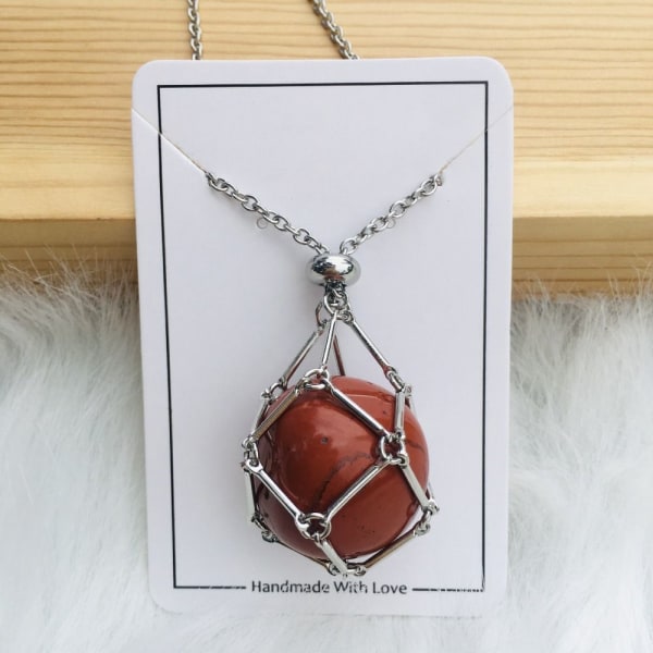 Crystal Holder Cage Halskjede Crystal Net Metal Halskjede SØLV Silver Red Jasper-Red Jasper