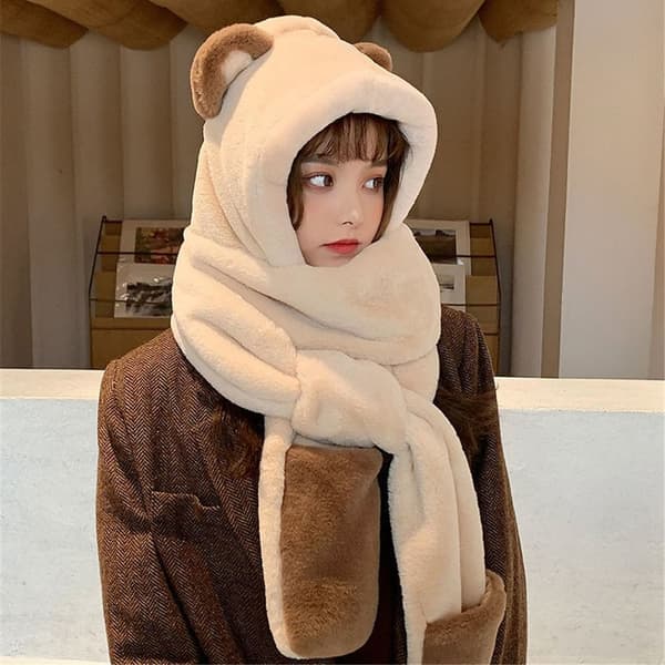 Mode Vinter Kvinnor Bear Ear Beanies Kepsar Varm Hat beige