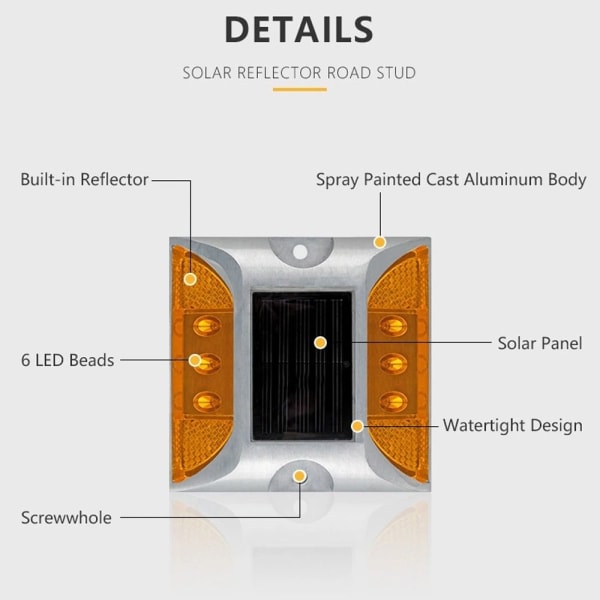 Solar Road Stud Light Trafikkmarkeringslys HVIT BLINKER HVIT White flashing