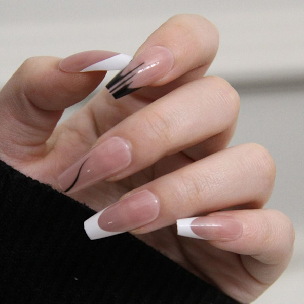 24 kpl Fake Nails Long French Ballerina
