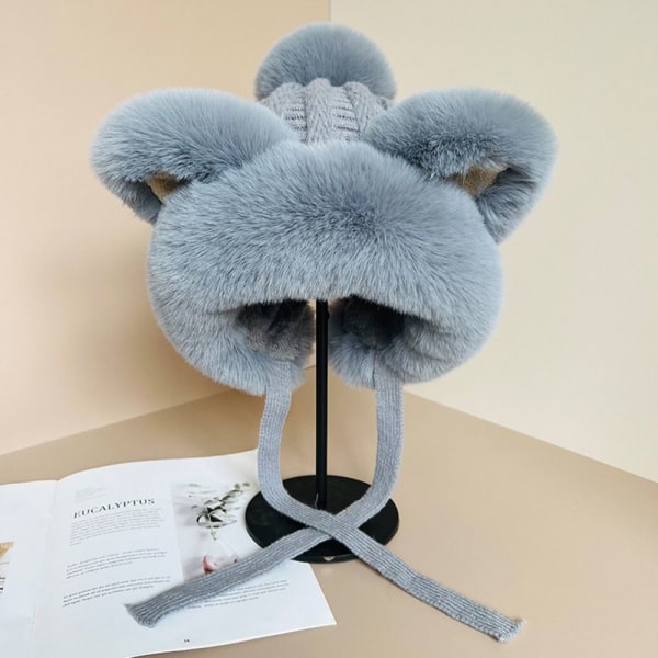 Faux Fur Beanies Hattu Kissa Korva Neulottu Cap GRAY grey