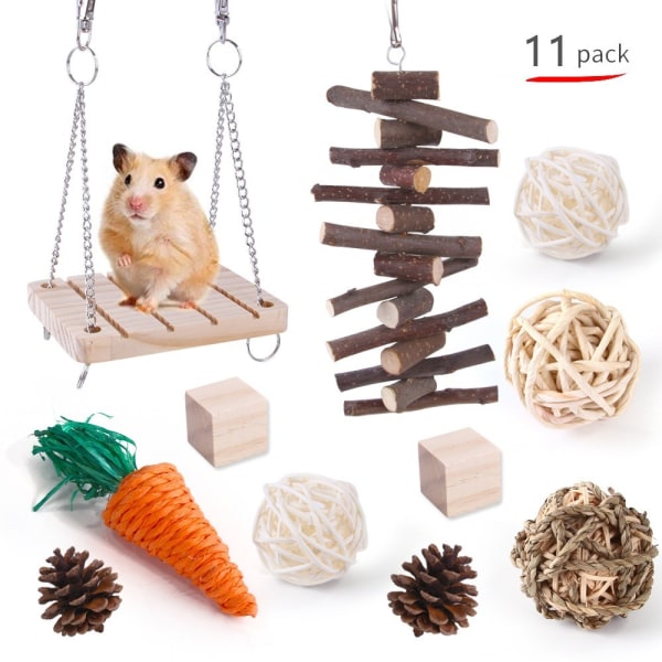 Hamster Tyggelegetøj Sæt Natural Wood Rattan Ball tilbehør 11pcs
