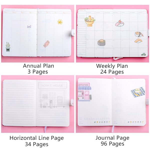 224 sidor Barn Söt Notebook Planner Agenda Anteckningar Bok B