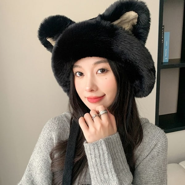 Fuskepelsbeanies Lue Cat Ear Strikket Cap SVART black