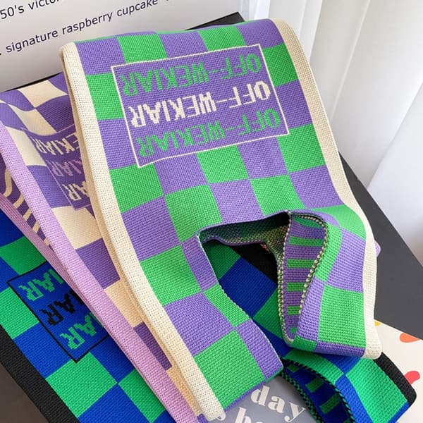 Stickad schackbrädesväska för kvinnor Canvas Tote Axelväskor 5 5