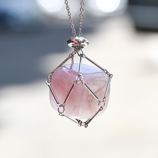 Crystal Holder Cage Necklace Crystal Net Metal Halsband ROSE Rose Quartz