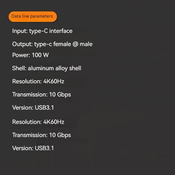 Type-C-kabel USB3.1 Gen2 1.5MMANN TIL KVINNE MANN TIL KVINNE 1.5mMale to Female