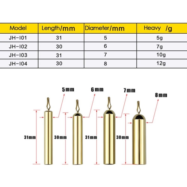 5 stk 5/7/10/12g Kobber Fiskebly Fald Lang cylinder 10G 10G 10g