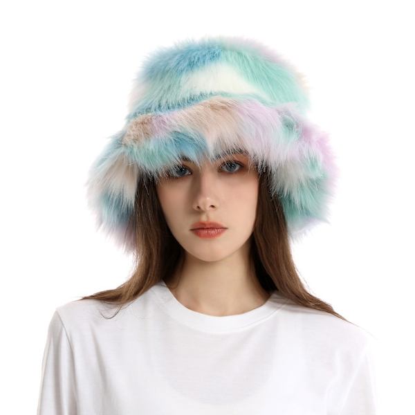 Imiteret pels bøttehat Regnbuefarve Varm tyk plyshat HVID White Light Blue