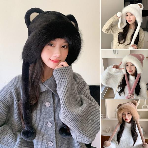Faux Fur Beanies Hattu Kissa Korva Neulottu Cap BEIGE beige