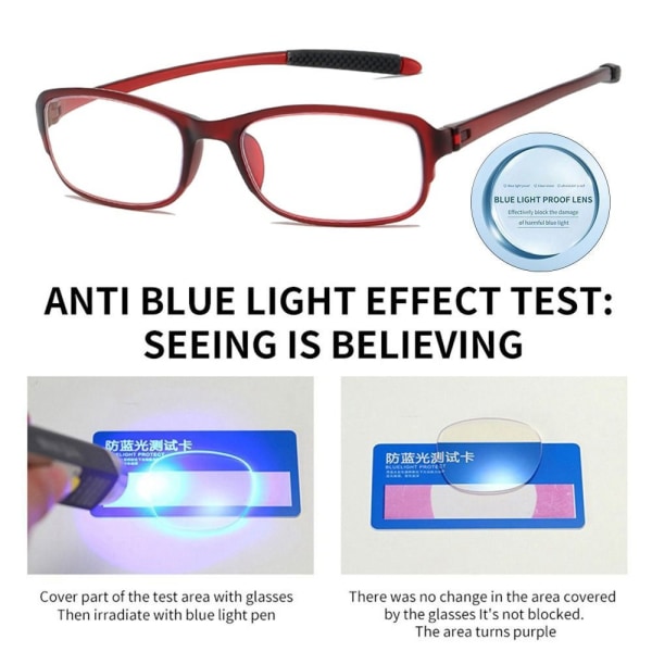 Anti-Blue Light lukulasit Neliönmuotoiset silmälasit PUNAINEN VAHVUUS Red Strength 300