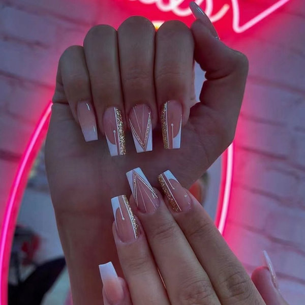 24 stk Fake Nails Long French Ballerina