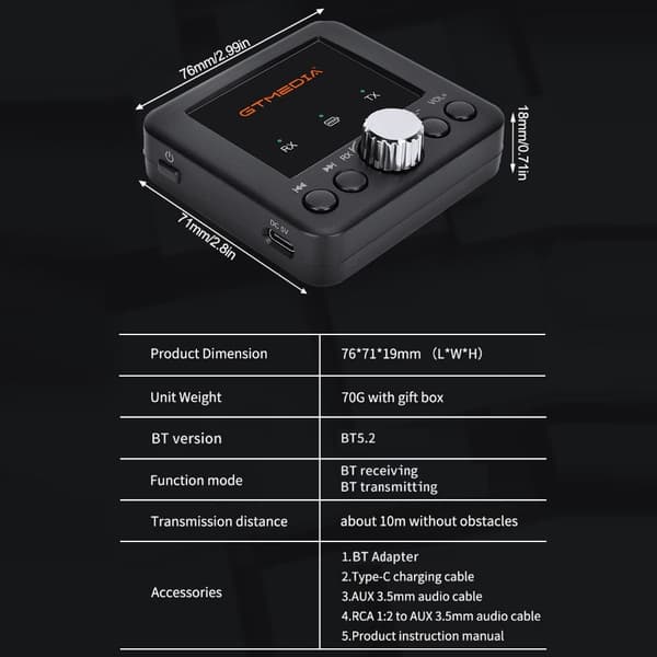 Bluetooth Audio Adapter GTMEDIA RT05 Modtager Sender