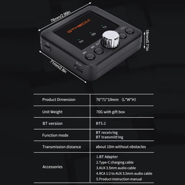Bluetooth Audio Adapter GTMEDIA RT05 Mottagare Sändare