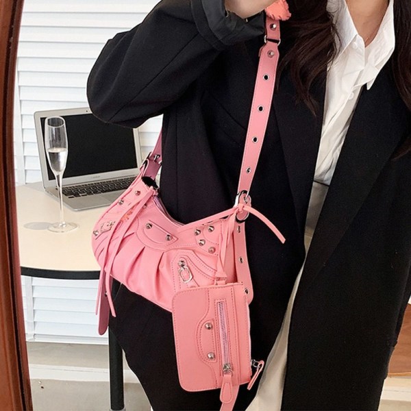 PU-lädernit dubbad axelväska Designer Crossbody-väska Pink