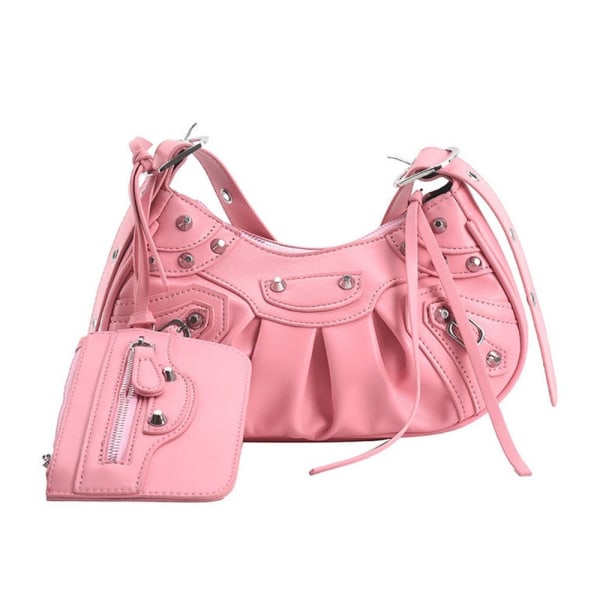 PU-lädernit dubbad axelväska Designer Crossbody-väska Pink