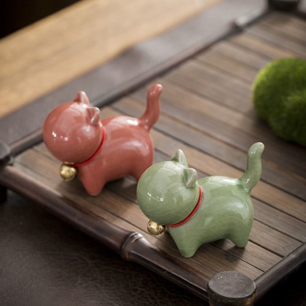 Naturlig Keramik Kat Hund Træ Puppy Figurer ORANGE Orange